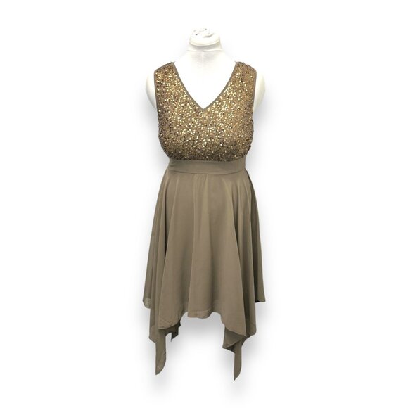 Sequin Embellished Venus Womens Dress V-Neck Sleeveless Khaki & Gold A-Line US S - Picture 2 of 11